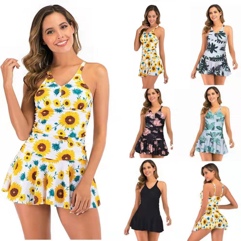 Costum de baie întreg din poliester, imprimeu floral, cu bureți pentru bust, fără bretele, căptușit