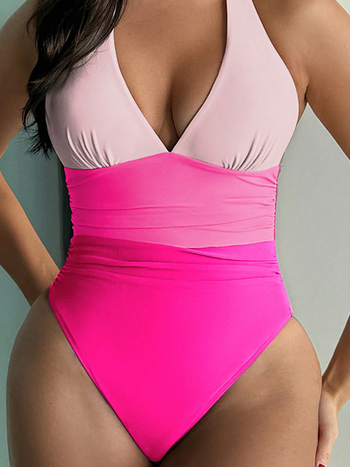 Ολόσωμο μαγιό, Color-Block, Halterneck με βαθύ V, χωρίς πλάτη, Πολυεστέρας