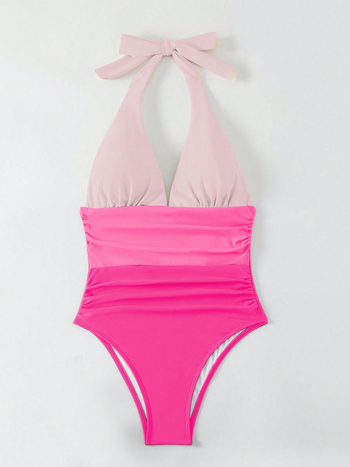 Ολόσωμο μαγιό, Color-Block, Halterneck με βαθύ V, χωρίς πλάτη, Πολυεστέρας