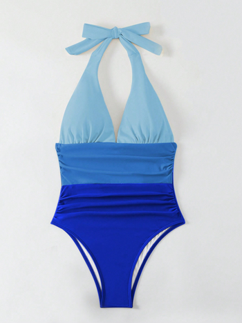 Ολόσωμο μαγιό, Color-Block, Halterneck με βαθύ V, χωρίς πλάτη, Πολυεστέρας