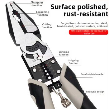 Njemački stil višenamenske kliješta, industrijske klase, s iglom nosom i dijagonalnim nosom, za skidanje izolacije, težina 0.25 kg, promjer rezanja 2 mm