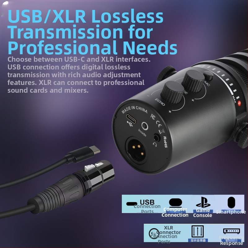 MV7 динамичен микрофон за живо излъчване и професионално записване, кардиоиден полярен модел, честотен диапазон 60 Hz–15 kHz, отношение сигнал–шум ≥85 dB, без вградена батерия