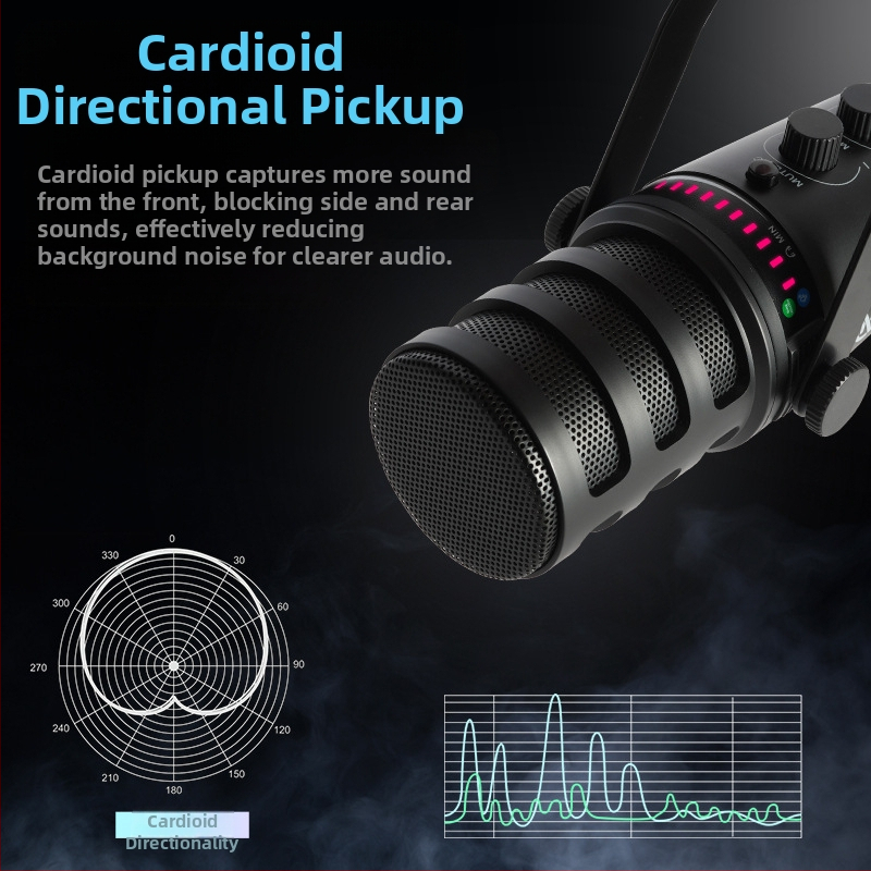 MV7 динамичен микрофон за живо излъчване и професионално записване, кардиоиден полярен модел, честотен диапазон 60 Hz–15 kHz, отношение сигнал–шум ≥85 dB, без вградена батерия