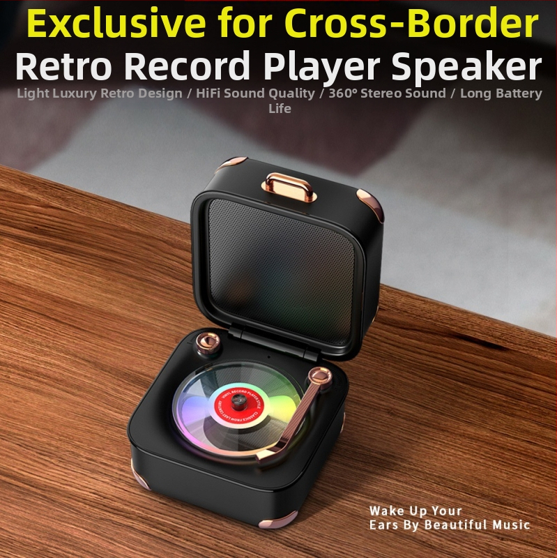 Ρετρό Bluetooth ηχείο με TF κάρτα και σχέδιο μίνι βινυλίου, USB τροφοδοσία, 5W, Bluetooth 5.3, εύρος 40Hz-20kHz, SNR ≥60dB, ενσωματωμένη μπαταρία 1000-1200mAh, πολύχρωμα LED φώτα