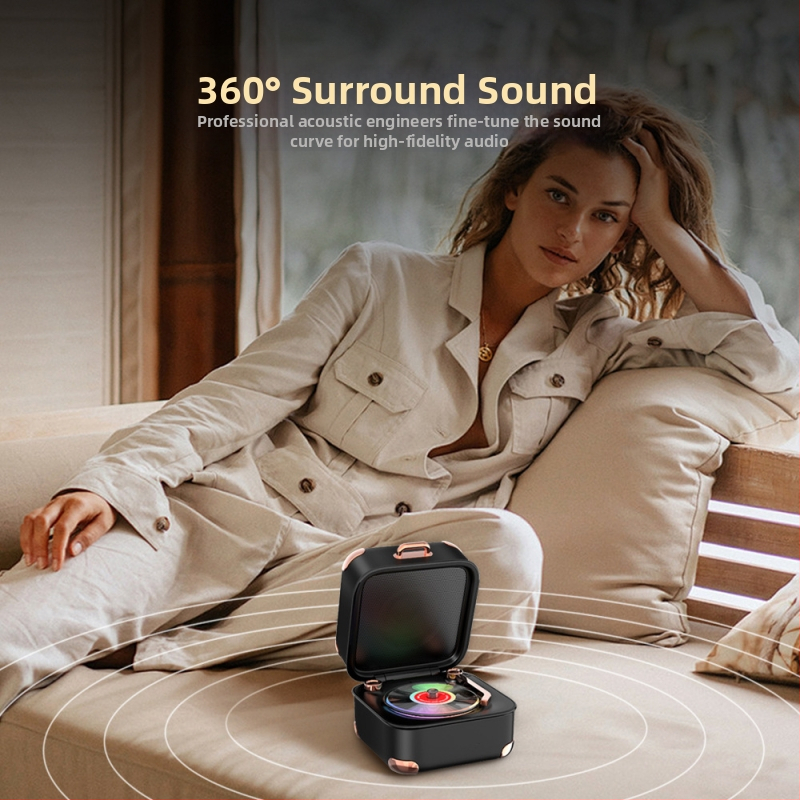 Ретро Bluetooth високоговорител със TF карта и дизайн на мини грамофон, USB захранване, 5W, Bluetooth 5.3, 40Hz‑20kHz, SNR ≥60dB, вградена 1000‑1200mAh батерия, многоцветни LED светлини