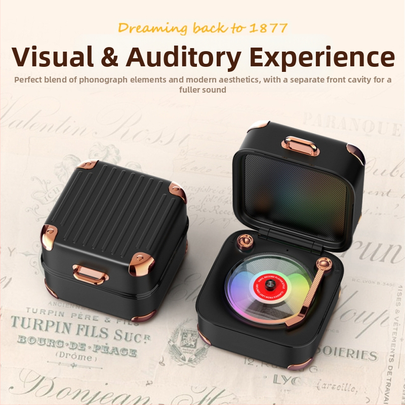 Ретро Bluetooth високоговорител със TF карта и дизайн на мини грамофон, USB захранване, 5W, Bluetooth 5.3, 40Hz‑20kHz, SNR ≥60dB, вградена 1000‑1200mAh батерия, многоцветни LED светлини