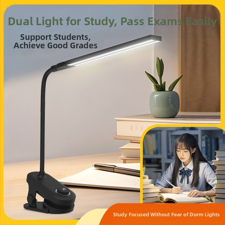 Клип-он настолна лампа с две глави, презареждаща и захранвана чрез щепсел, интелигентно управление, CRI ≥90