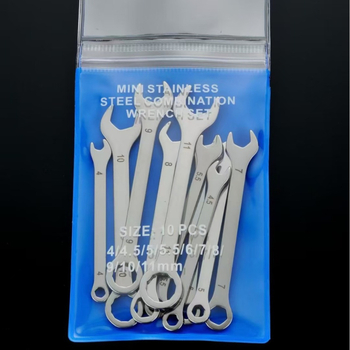10-частен мини комплект гаечни ключове с открит край, двупосочно използване, метрични и инчови размери; въглеродна стомана, тегло 0,13 кг