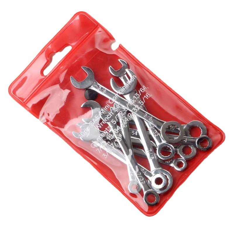 10-частен мини комплект гаечни ключове с открит край, двупосочно използване, метрични и инчови размери; въглеродна стомана, тегло 0,13 кг