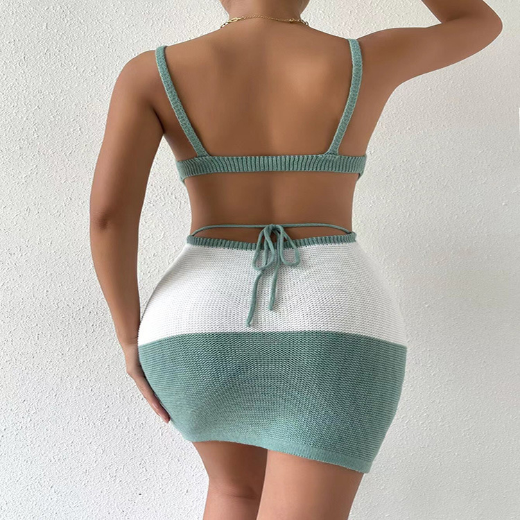Rochie de damă cu bretele sling, lungime midi, siluetă pencil, model tricotat cu contrast, talie înaltă