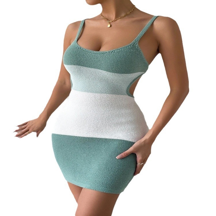 Rochie de damă cu bretele sling, lungime midi, siluetă pencil, model tricotat cu contrast, talie înaltă
