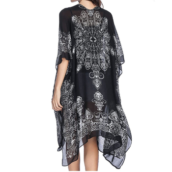 Γυναικείος chiffon Bohemian κιμονό cardigan, μακρύ μήκος 80–100 cm, V-λαιμόκοψη, μισά μανίκια, ελαφρώς χαλαρή γραμμή, Bohemian εκτύπωση