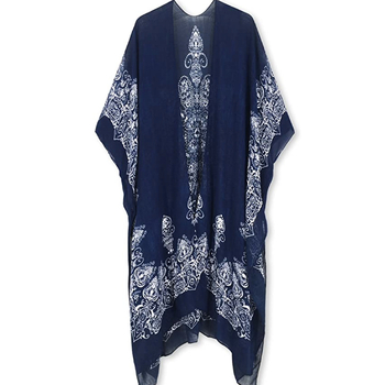 Γυναικείος chiffon Bohemian κιμονό cardigan, μακρύ μήκος 80–100 cm, V-λαιμόκοψη, μισά μανίκια, ελαφρώς χαλαρή γραμμή, Bohemian εκτύπωση
