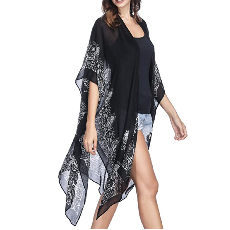 Γυναικείος chiffon Bohemian κιμονό cardigan, μακρύ μήκος 80–100 cm, V-λαιμόκοψη, μισά μανίκια, ελαφρώς χαλαρή γραμμή, Bohemian εκτύπωση