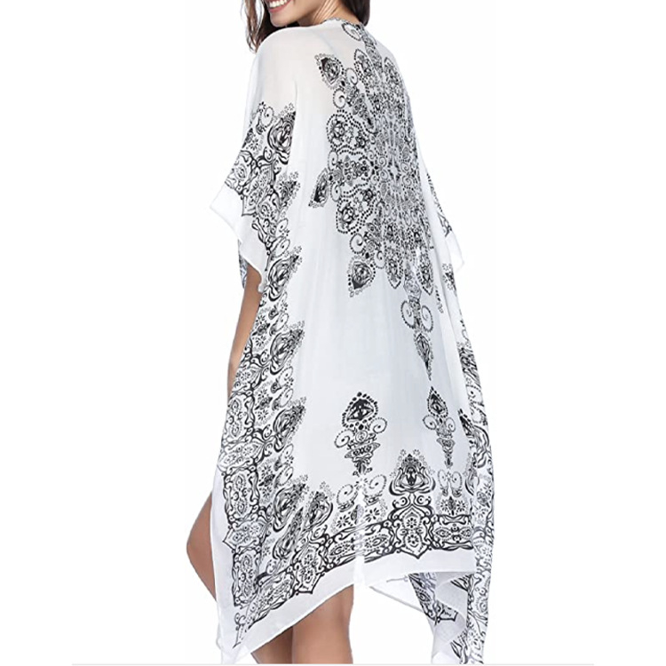 Γυναικείος chiffon Bohemian κιμονό cardigan, μακρύ μήκος 80–100 cm, V-λαιμόκοψη, μισά μανίκια, ελαφρώς χαλαρή γραμμή, Bohemian εκτύπωση