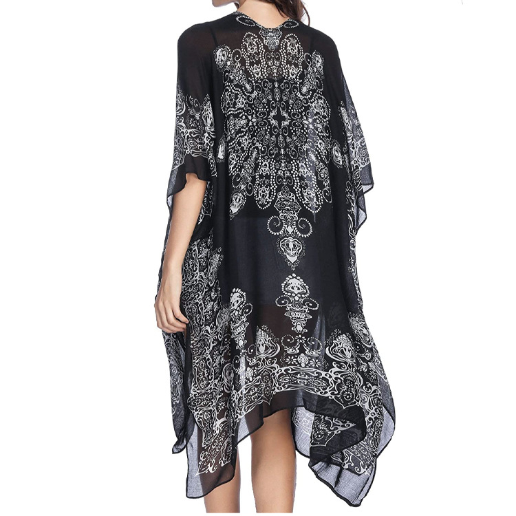 Γυναικείος chiffon Bohemian κιμονό cardigan, μακρύ μήκος 80–100 cm, V-λαιμόκοψη, μισά μανίκια, ελαφρώς χαλαρή γραμμή, Bohemian εκτύπωση