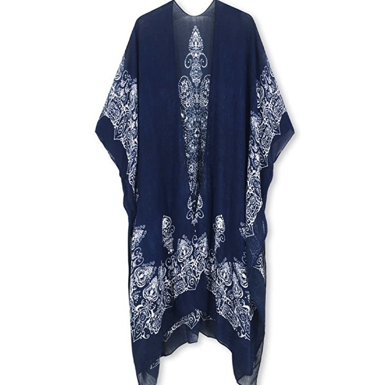 Γυναικείος chiffon Bohemian κιμονό cardigan, μακρύ μήκος 80–100 cm, V-λαιμόκοψη, μισά μανίκια, ελαφρώς χαλαρή γραμμή, Bohemian εκτύπωση