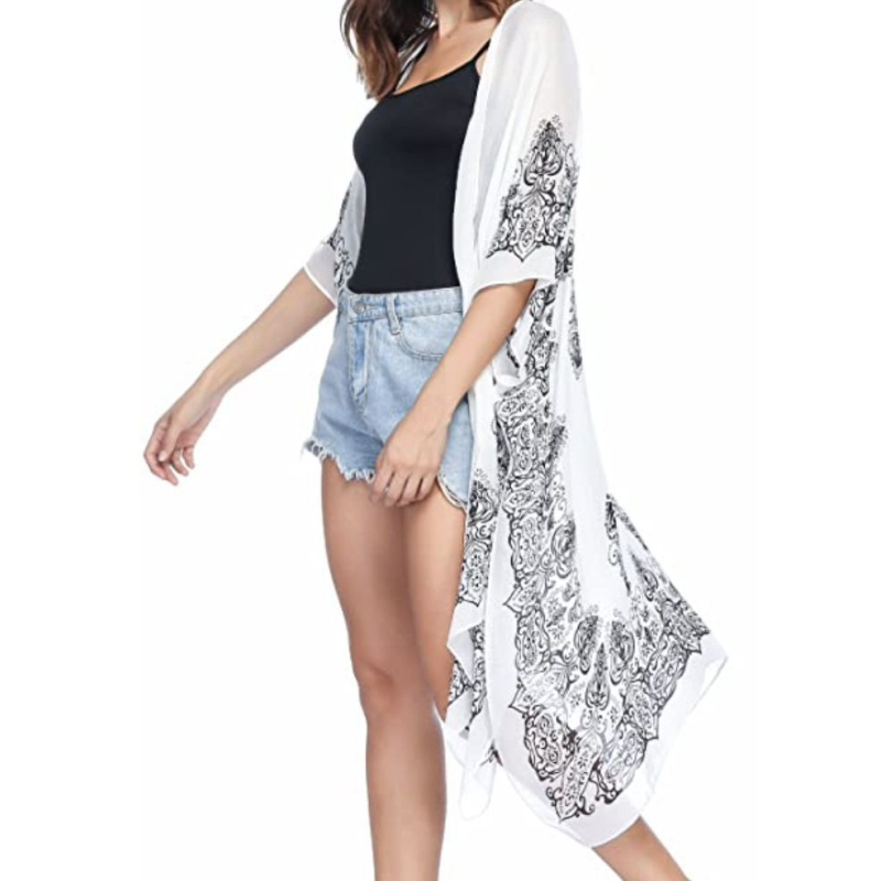 Γυναικείος chiffon Bohemian κιμονό cardigan, μακρύ μήκος 80–100 cm, V-λαιμόκοψη, μισά μανίκια, ελαφρώς χαλαρή γραμμή, Bohemian εκτύπωση