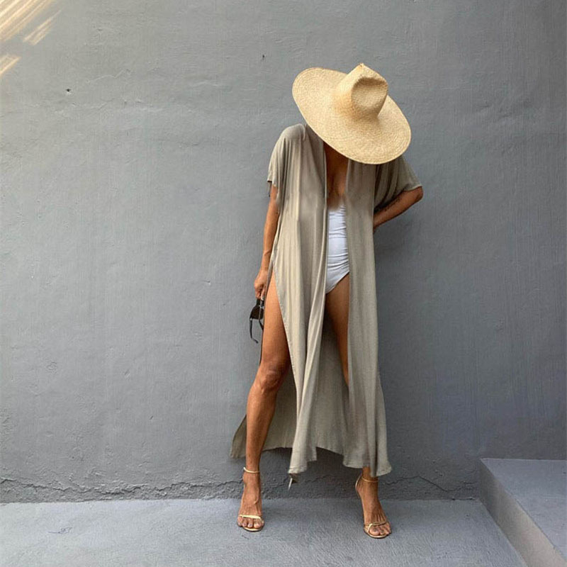 Καρντιγκάν παραλίας με ζώνη, ύφασμα βισκόζη με περιεκτικότητα 100% σε βαμβάκι, 240 g/m², επένδυση βαμβάκι, φαρδιά εφαρμογή