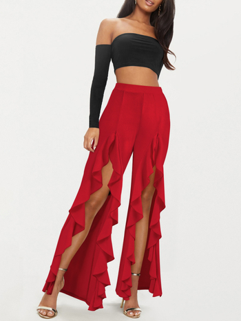 Дамски ежедневни панталони, леко разкроени, с цепка, градски стил, свободен силует (полиестер 95%+, микроеластичност, средна талия, свободен силует)