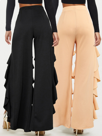 Дамски ежедневни панталони, леко разкроени, с цепка, градски стил, свободен силует (полиестер 95%+, микроеластичност, средна талия, свободен силует)