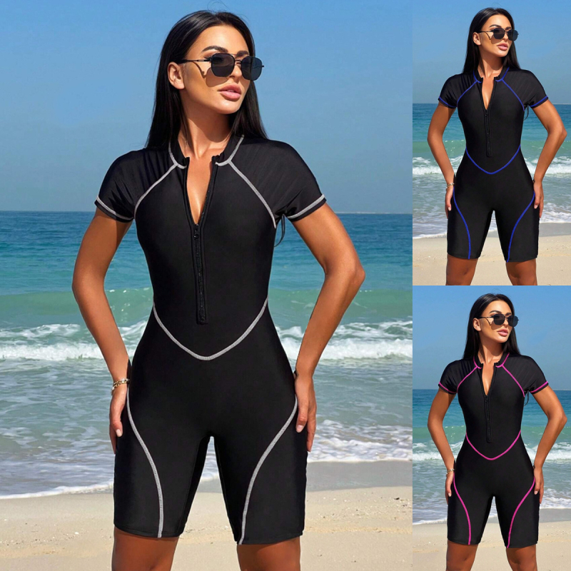 Цял бански с преден цип, къси ръкави, подплънка за гърдите, найлонова материя, подплата от полиестер със спандекс, подходящ за плуване и водни спортове