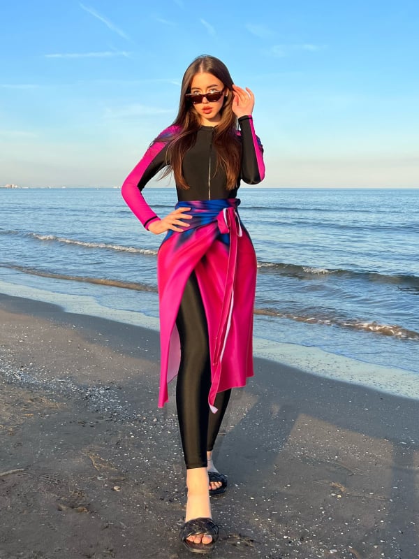 Γυναικείο συντηρητικό μαγιό με μακριά μανίκια και μακριά παντελόνια, προστασία από τον ήλιο, σετ τριών τεμαχίων, πολυεστέρας