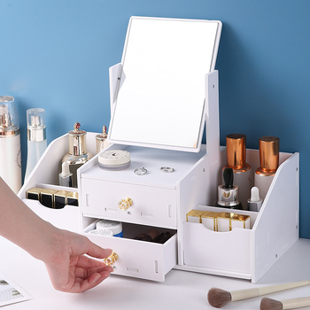 Дървено настолно огледало за грим с дизайн котешки уши и чекмедже за съхранение