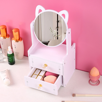 Дървено настолно огледало за грим с дизайн котешки уши и чекмедже за съхранение