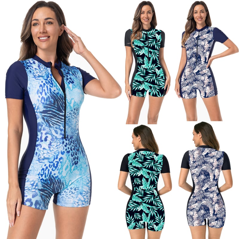 Costum de baie întreg cu imprimeu, stil conservator, cu burete pentru sâni, material Nylon-Spandex, mâneci scurte