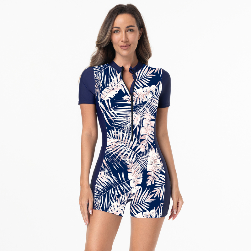 Costum de baie întreg cu imprimeu, stil conservator, cu burete pentru sâni, material Nylon-Spandex, mâneci scurte