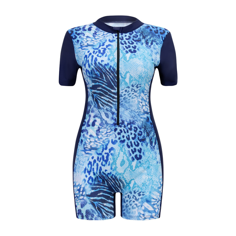 Costum de baie întreg cu imprimeu, stil conservator, cu burete pentru sâni, material Nylon-Spandex, mâneci scurte