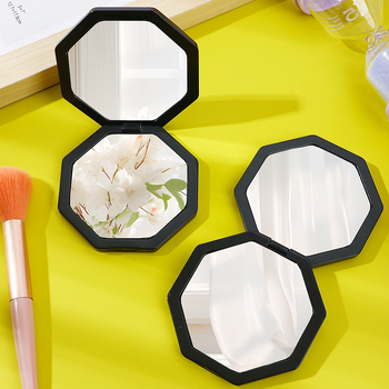 Мини сгъваемо осмоъгълно огледало, пластмасова рамка, алуминиево огледално покритие, печат на лого, персонализируемо