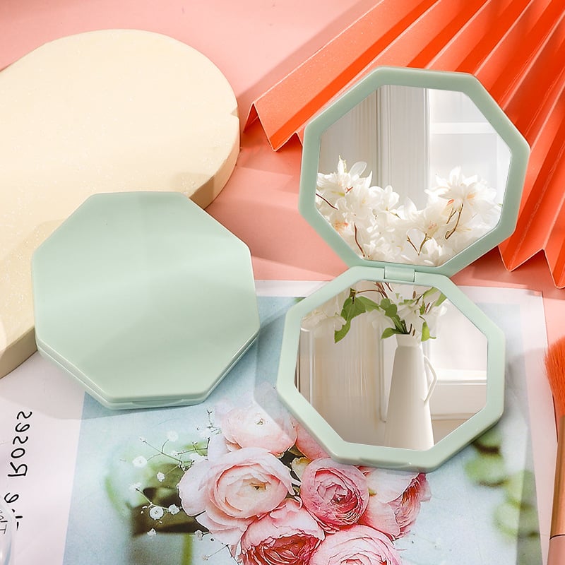 Mini sklopivo ogledalo s plastičnim okvirom, osmerokutnog oblika, aluminijsko ogledalo, tisk logotipa, prilagodljivo