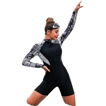 Γυναικείο ολόσωμο μαγιό με μακριά μανίκια, φερμουάρ μπροστά, εκτύπωση και επένδυση στήθους