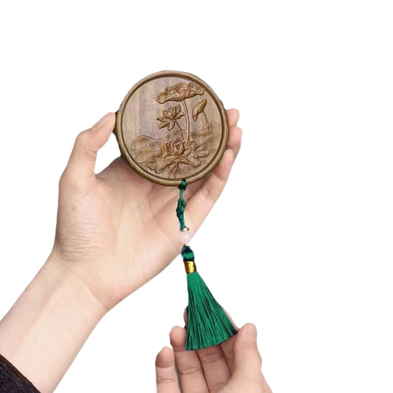 Преносимо кръгло огледало за грим, китайски стил, антична резба, метална рамка, дървообработване, паметен стил, издание зима 2024