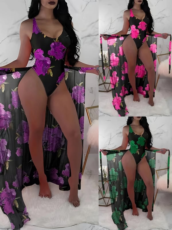 Costum de baie întreg din nylon floral, cu susținere din oțel, fără burei, fustă din plasă pentru acoperire, pentru înot și plimbare în apă