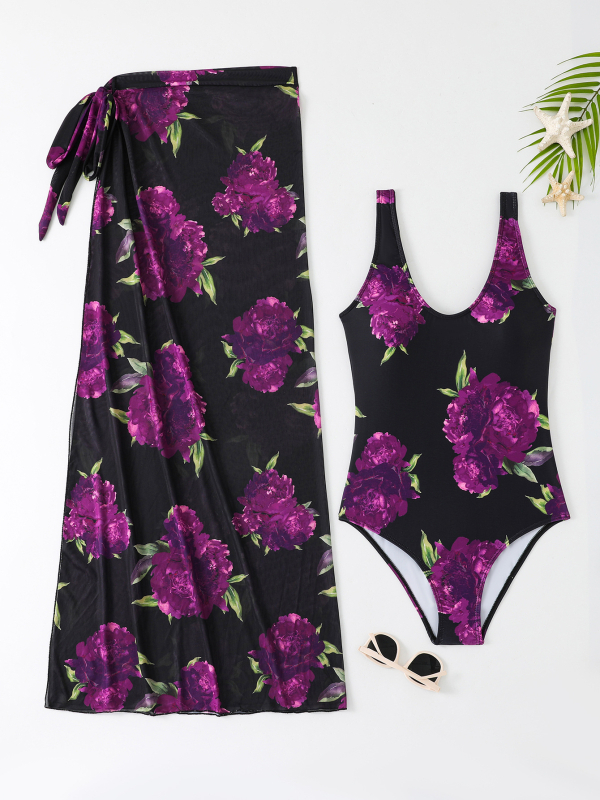 Costum de baie întreg din nylon floral, cu susținere din oțel, fără burei, fustă din plasă pentru acoperire, pentru înot și plimbare în apă