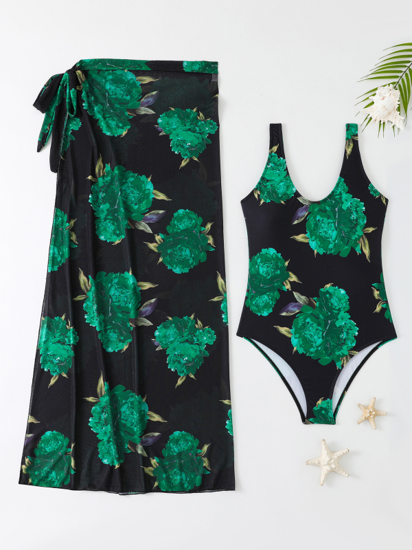 Costum de baie întreg din nylon floral, cu susținere din oțel, fără burei, fustă din plasă pentru acoperire, pentru înot și plimbare în apă
