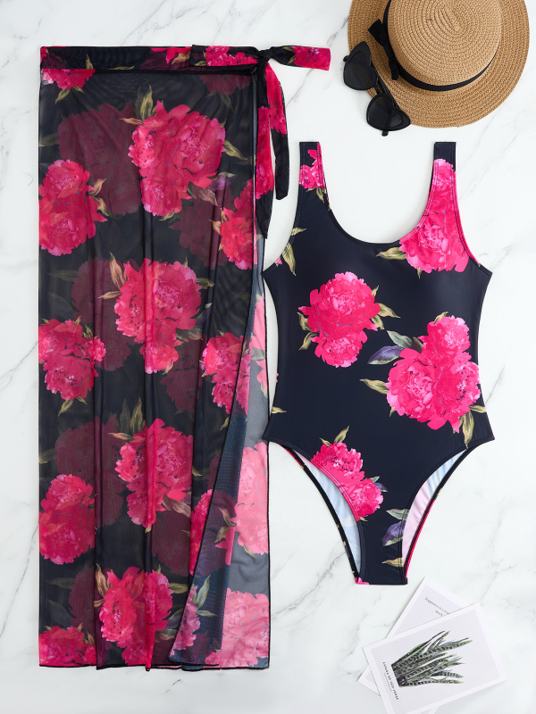 Costum de baie întreg din nylon floral, cu susținere din oțel, fără burei, fustă din plasă pentru acoperire, pentru înot și plimbare în apă