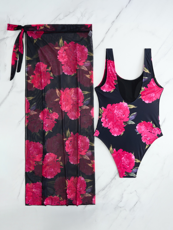 Costum de baie întreg din nylon floral, cu susținere din oțel, fără burei, fustă din plasă pentru acoperire, pentru înot și plimbare în apă