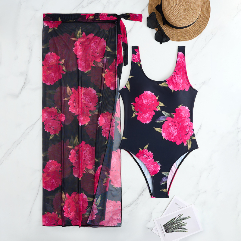 Costum de baie întreg din nylon floral, cu susținere din oțel, fără burei, fustă din plasă pentru acoperire, pentru înot și plimbare în apă