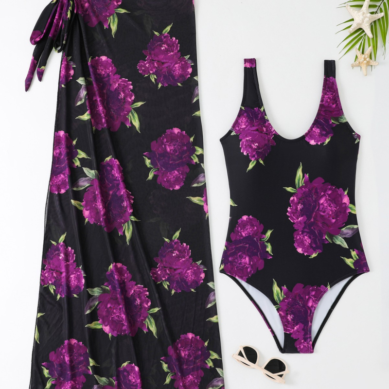 Costum de baie întreg din nylon floral, cu susținere din oțel, fără burei, fustă din plasă pentru acoperire, pentru înot și plimbare în apă