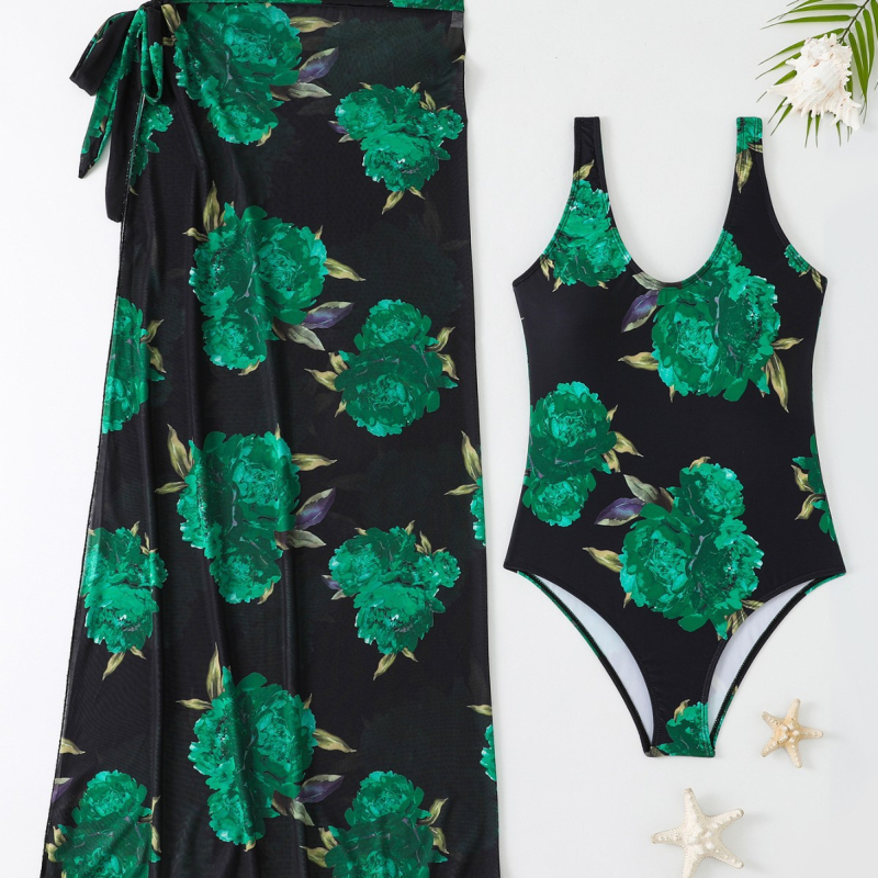 Costum de baie întreg din nylon floral, cu susținere din oțel, fără burei, fustă din plasă pentru acoperire, pentru înot și plimbare în apă