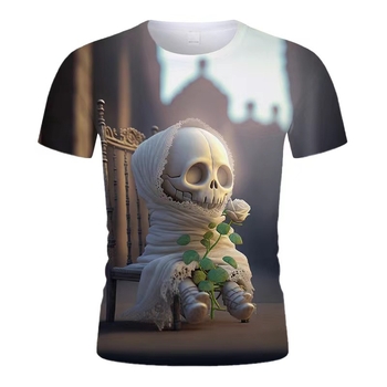 Μπλουζάκι με 3D εκτύπωση καρτούν κρανίο, στρογγυλός λαιμός, χαλαρή γραμμή, κοντά μανίκια, πολυεστέρας