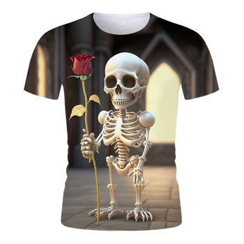 Μπλουζάκι με 3D εκτύπωση καρτούν κρανίο, στρογγυλός λαιμός, χαλαρή γραμμή, κοντά μανίκια, πολυεστέρας
