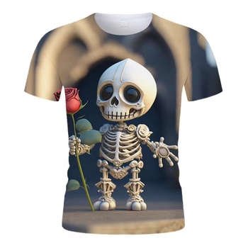 Μπλουζάκι με 3D εκτύπωση καρτούν κρανίο, στρογγυλός λαιμός, χαλαρή γραμμή, κοντά μανίκια, πολυεστέρας