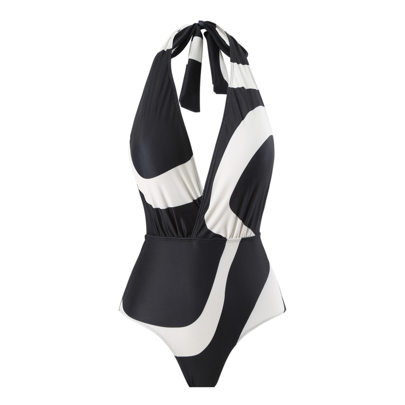 Női egyrészes fürdőruha, ujjatlan, melltámasz, blokkos mintával, poliészter anyag béléssel