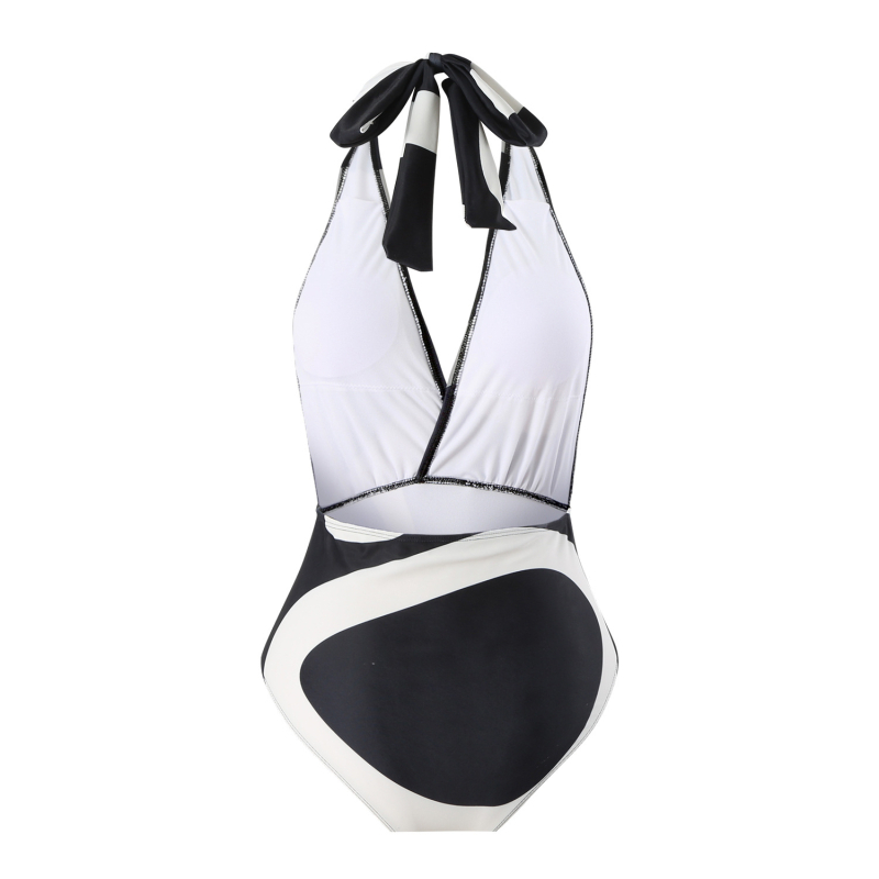 Női egyrészes fürdőruha, ujjatlan, melltámasz, blokkos mintával, poliészter anyag béléssel