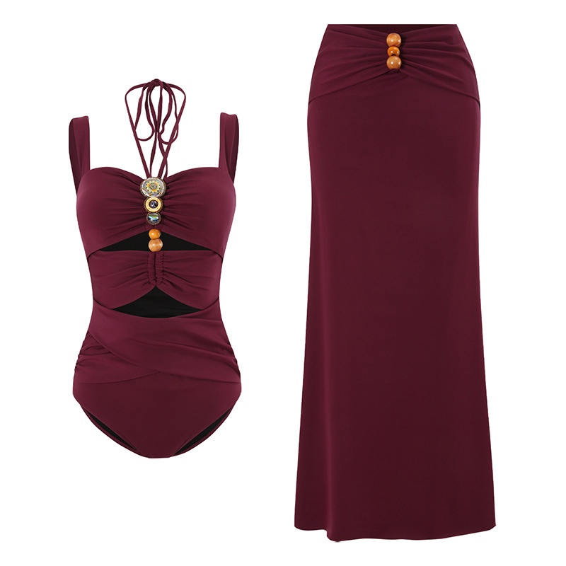 Costum de baie întreg cu bretele decorative la gât, croială sexy și strânsă, cu burete la piept, material poliester, 82% nylon, căptușeală poliester